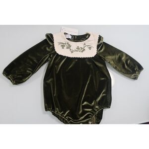 Ali Specials Green Velour Romper Cream Embroidered Bib Toddler Girls 3T NWT